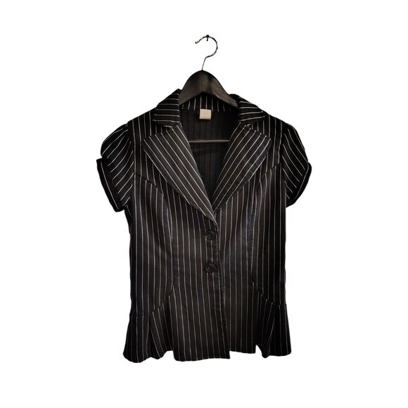Vanity Small Black White Pinstripe Women's Button-Up Cap Sleeve Blazer - Picture 1 of 5